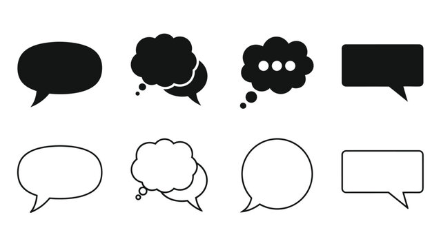 Black and white illustration of various speech and thought bubble shapes