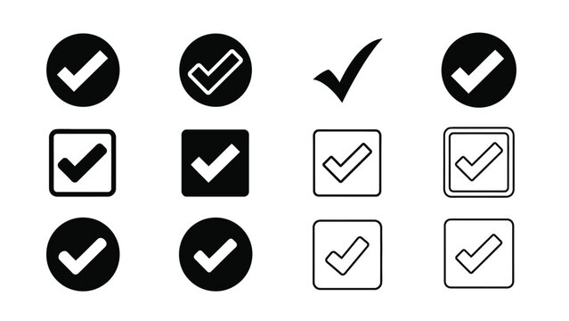 Collection of black and white checkmark icons in circles and squares