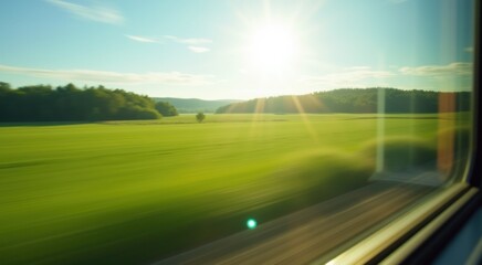 View of a field with trees and a sun in the distance from train