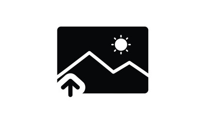 Obraz premium Black and white image icon depicting mountains sun and an upload arrow