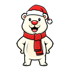 Fototapeta premium Cute Polar Bear in Santa Hat and Red Scarf Cartoon Christmas Character on Isolated Transparent Background 