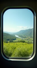 A view of a valley through a window of a train