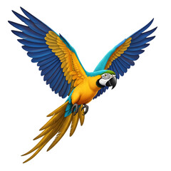 Fototapeta premium Vibrant blue and yellow macaw in mid flight against black&nbsp;Isolated Transparent Background