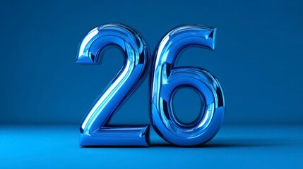 Metallic blue numbers "26" float against a matching backdrop, creating a simple, yet striking visual composition. The reflective surface adds dimension