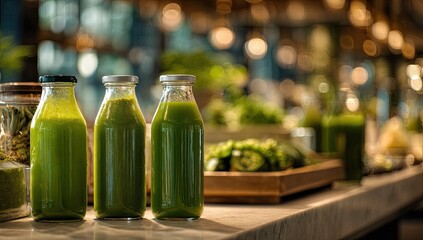 Green smoothies in glass bottles on a counter, with blurry background of ingredients