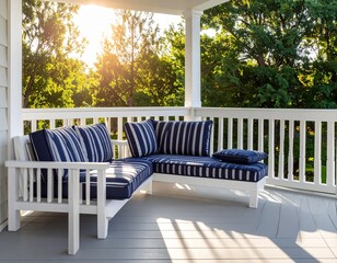 white and blue decor, navy, porch, decor, house, home, house, country, trees, greenery, sun, sunshine, summer, outdoors, spring, relaxing, furniture, deck