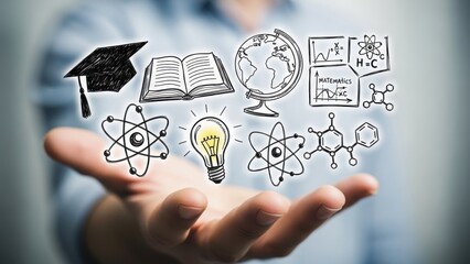 Person presenting educational icons and symbols in hand