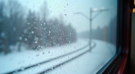 Мiew of a train track through a window with snow on it