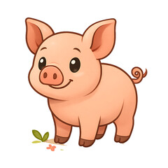 Obraz premium Cute cartoon pig with a happy smile and green leaves&nbsp;Isolated Transparent Background