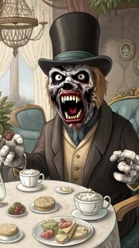 A Victorian-style dog transforms into a crazed grin zombie.