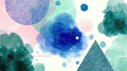 Abstract Watercolor Composition with Blue and Green Hues Circular and Triangular Shapes on Cream Background
