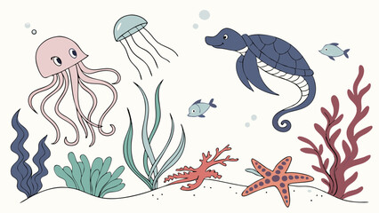 Naklejka premium Cute Underwater Scene for Kids' Education, Ocean Life Illustration for Children's Books, Marine Biology Learning, Playful Sea Creatures, Whimsical Design