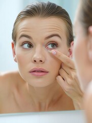 Woman Applying Eye Cream in Bathroom Mirror - Close-up
