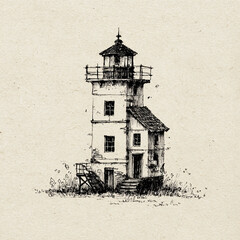 A detailed black and white ink sketch of a tall, rustic lighthouse-style building with stairs, windows, and chimneys on textured paper.