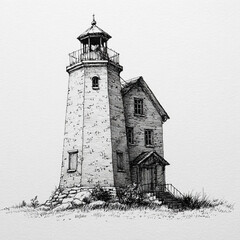 A detailed black and white ink sketch of a tall, rustic lighthouse-style building with stairs, windows, and chimneys on textured paper.