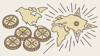 Fototapeta premium Global Business Growth Strategy Coins and World Map for Financial Investment and International Expansion, Inspiring Opportunity and Success