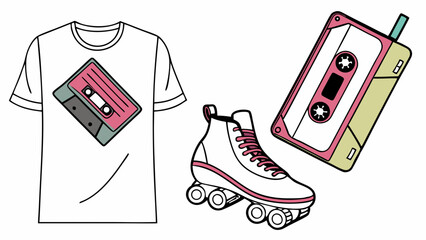 Retro 80s Nostalgia Graphic Design: Cassette Tape, Roller Skate, and Boombox for Vintage Fashion, Music Marketing, and Fun Web Graphics