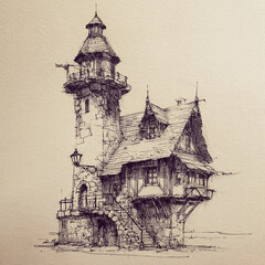 A detailed black and white ink sketch of a tall, rustic lighthouse-style building with stairs, windows, and chimneys on textured paper.