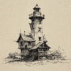A detailed black and white ink sketch of a tall, rustic lighthouse-style building with stairs, windows, and chimneys on textured paper.