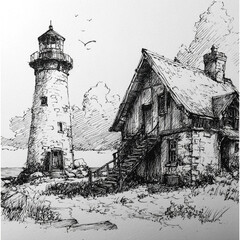 A detailed black and white ink sketch of a tall, rustic lighthouse-style building with stairs, windows, and chimneys on textured paper.