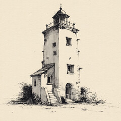 A detailed black and white ink sketch of a tall, rustic lighthouse-style building with stairs, windows, and chimneys on textured paper.
