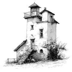 A detailed black and white ink sketch of a tall, rustic lighthouse-style building with stairs, windows, and chimneys on textured paper.