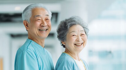 Smiling Senior Couple in Hospital / 病院で微笑むシニア夫婦