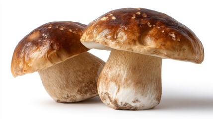 Two fresh porcini mushrooms displayed on a stark white background, showcasing their brown caps and thick white stems, illuminated by soft light