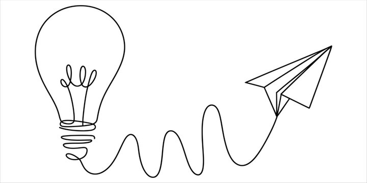 Innovative idea generation with lightbulb and flying paper airplane. - Powered by Adobe