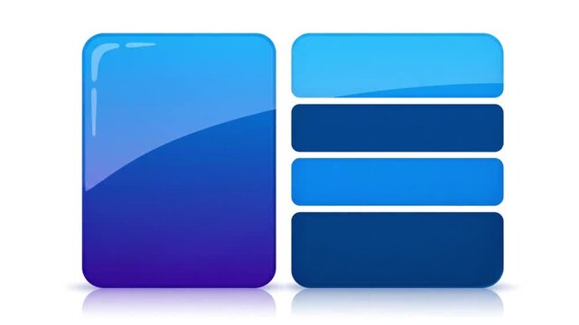 A set of four blue rectangular bars arranged vertically to the right of a larger, rounded blue square with a glossy finish, representing a digital or organizational concept