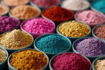 Raw, Texture,Holi Festival Colors,Vibrant Organic Mineral Pigment Macro, Abstract Colorful Granular Powder Texture, Artisan Cosmetic Raw Material Backdrop,