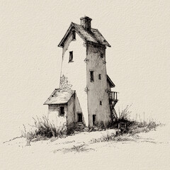 A detailed black and white ink sketch of a tall, rustic lighthouse-style building with stairs, windows, and chimneys on textured paper.