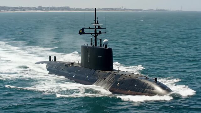 A large black submarine is traveling through the ocean with waves crashing against it