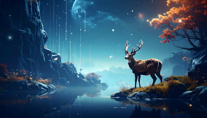 Majestic deer standing on island at night under starry sky with moon and rain digital artwork