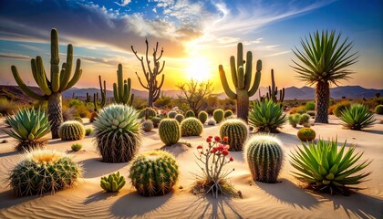 Vibrant Desert Sunset with Diverse Cacti and Succulents.
