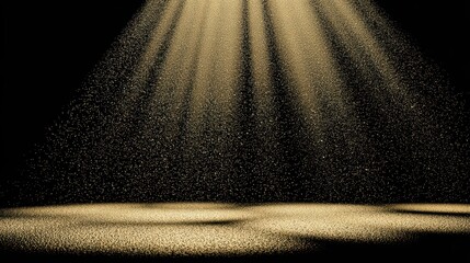 Dramatic Golden Particles Falling Against Black Background Creating Soft Stage Lighting