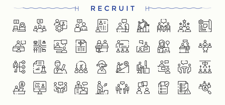 Recruitment icon set. Minimalist icons pack. Pack of job, hiring, career, recruit, employment, employee, resource. Editable stroke. Human Resource icon set.