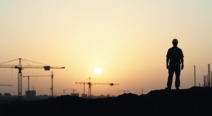 Silhouette of a construction worker standing on a hill