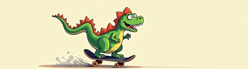 Obraz premium Cartoon dinosaur riding a skateboard with a red and yellow tail