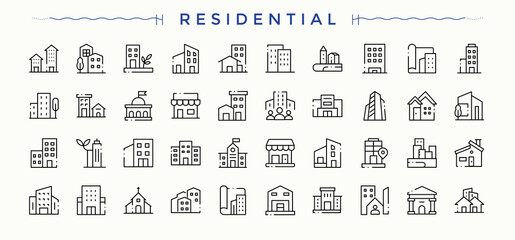 Residential icon set. Thin line icons set. Pixel perfect. Editable vector. Residential icon set. Contain linear sign construction, real estate, home, town, office, villa and more.