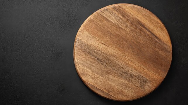 Overhead shot of a circular wooden cutting board on a dark textured surface, showcasing natural wood grain