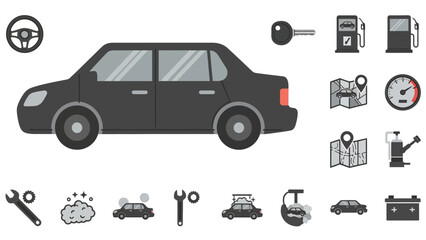 Fototapeta premium Black Car Icon with Automotive Tools and Symbols.