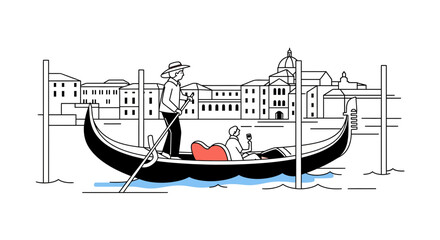 Gondolier navigating romantic gondola ride through Venetian canals at sunset © ainun