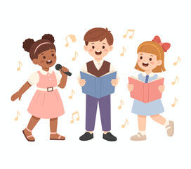 Obraz premium Three children actively singing together, expressing happiness and creativity, accompanied by playful music notes around them, celebrating the joy of music and friendship.