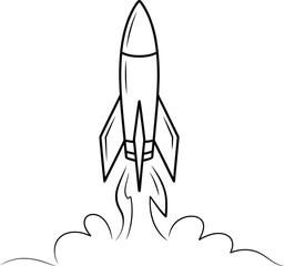 Minimalist Black Line Art Rocket Ship Launching into Space Vector Graphic Illustration for Aerospace Designs