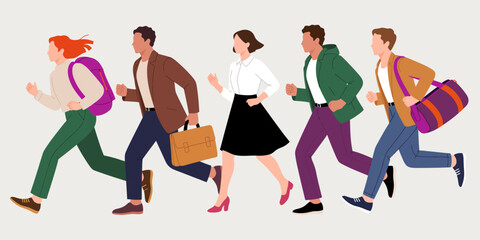 A vibrant illustration showing a diverse group of individuals running together, showcasing energy and urgency in a modern, urban environment with varying fashion styles.