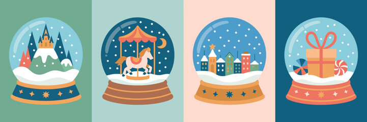 This illustration showcases four beautiful snow globes, each depicting unique winter scenes including a castle, a carousel, a cityscape, and a festive gift. © Zeming