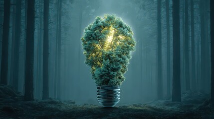 Glowing Tree Shaped Like a Lightbulb Symbolizing Environmental Awareness in a Dark Forest with Soft Illumination