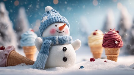 Whimsical winter scene featuring a cheerful snowman in a blue hat and scarf amidst vibrant ice cream cones. Snowy backdrop