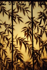 Golden Light Through Silhouette Bamboo Leaves on a Screen with Vertical Lines Elegant Design and Warm Tone Creates a Calming Artistic Ambience Decoration